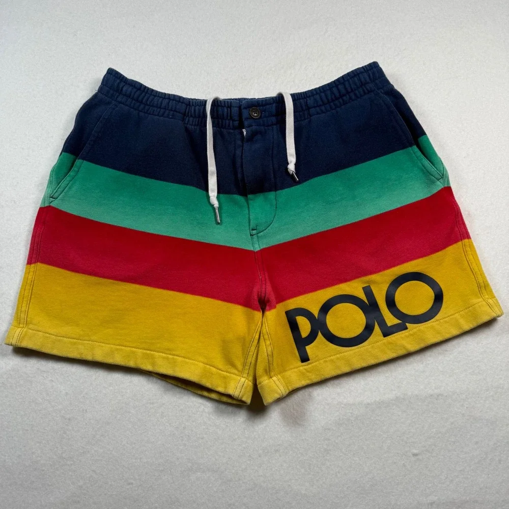 Polo Ralph Lauren Mens Colorblock Striped Fleece Shorts Navy Red Yellow Large